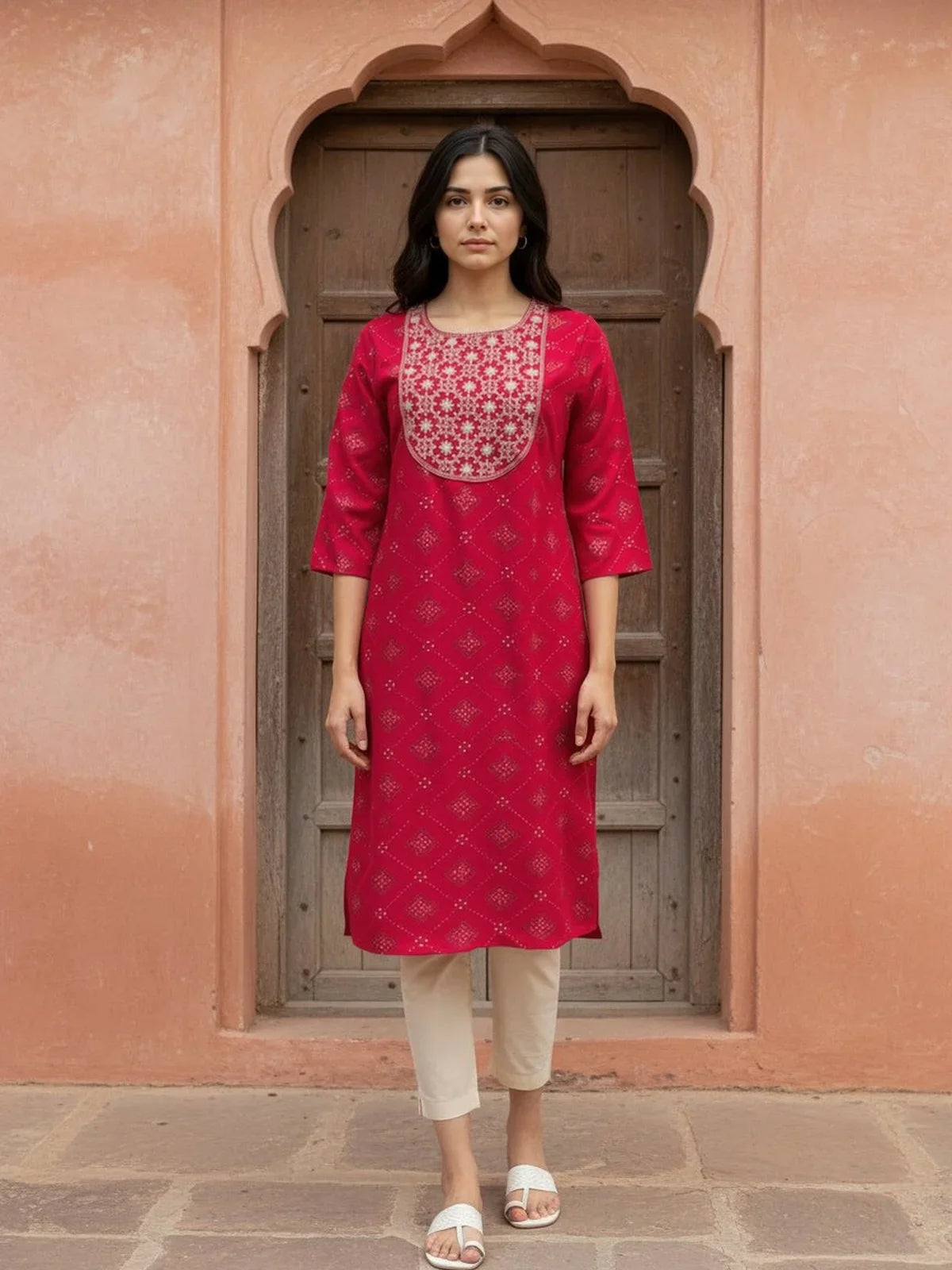 Buy Rayon Embroidered Straight Calf Length Kurta-Pink