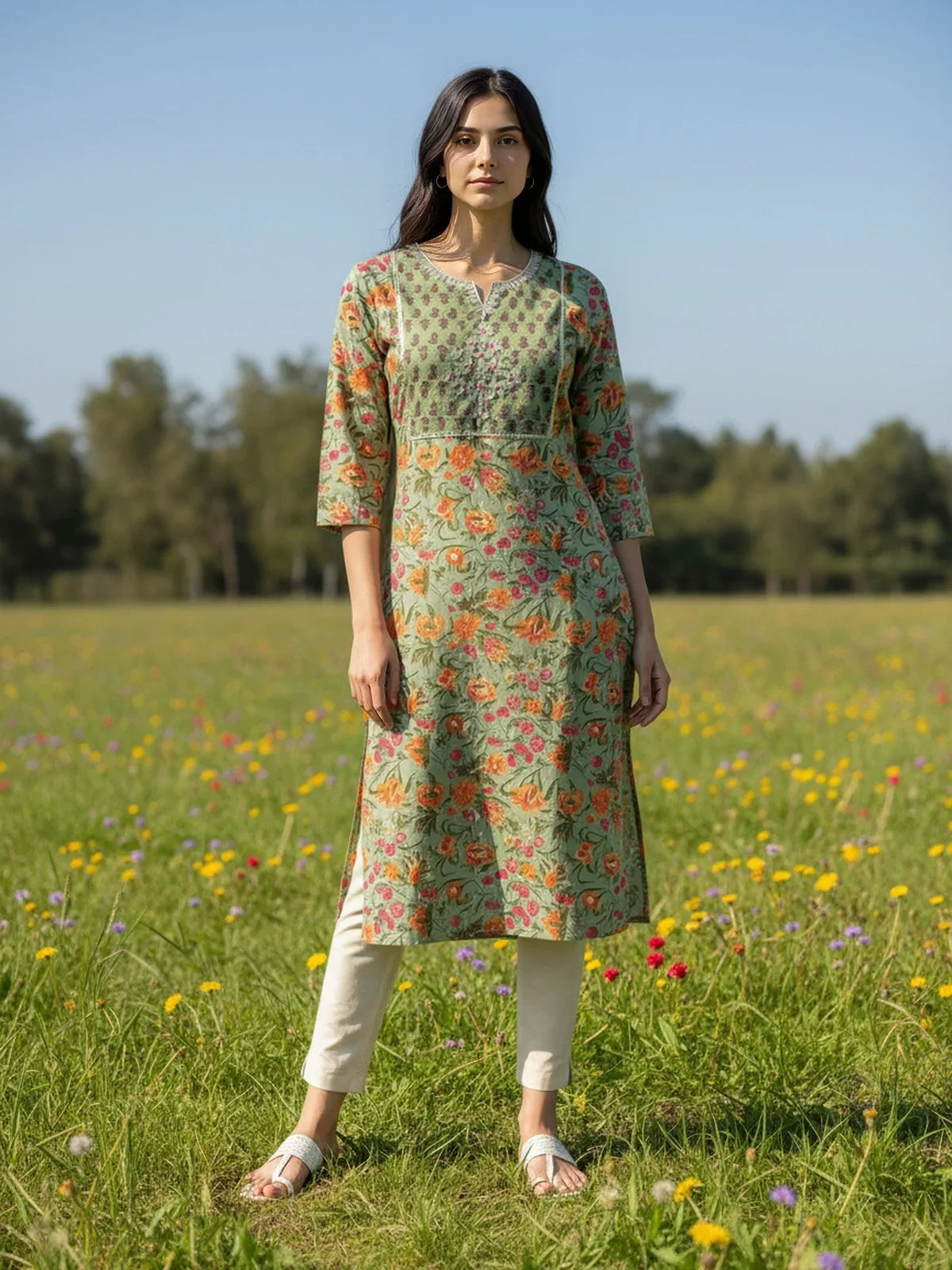 Buy Cotton Embroidered Straight Calf Length Kurta-Green