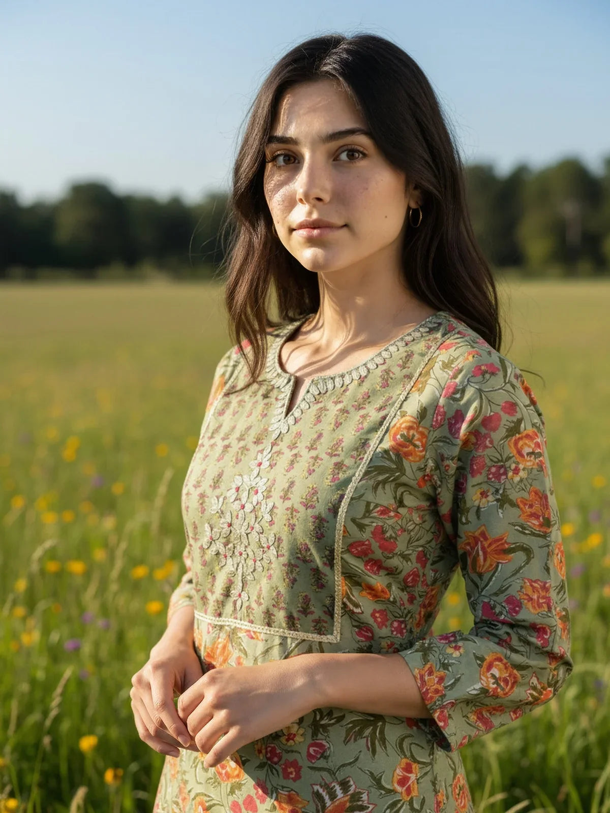 Buy Cotton Embroidered Straight Calf Length Kurta-Green