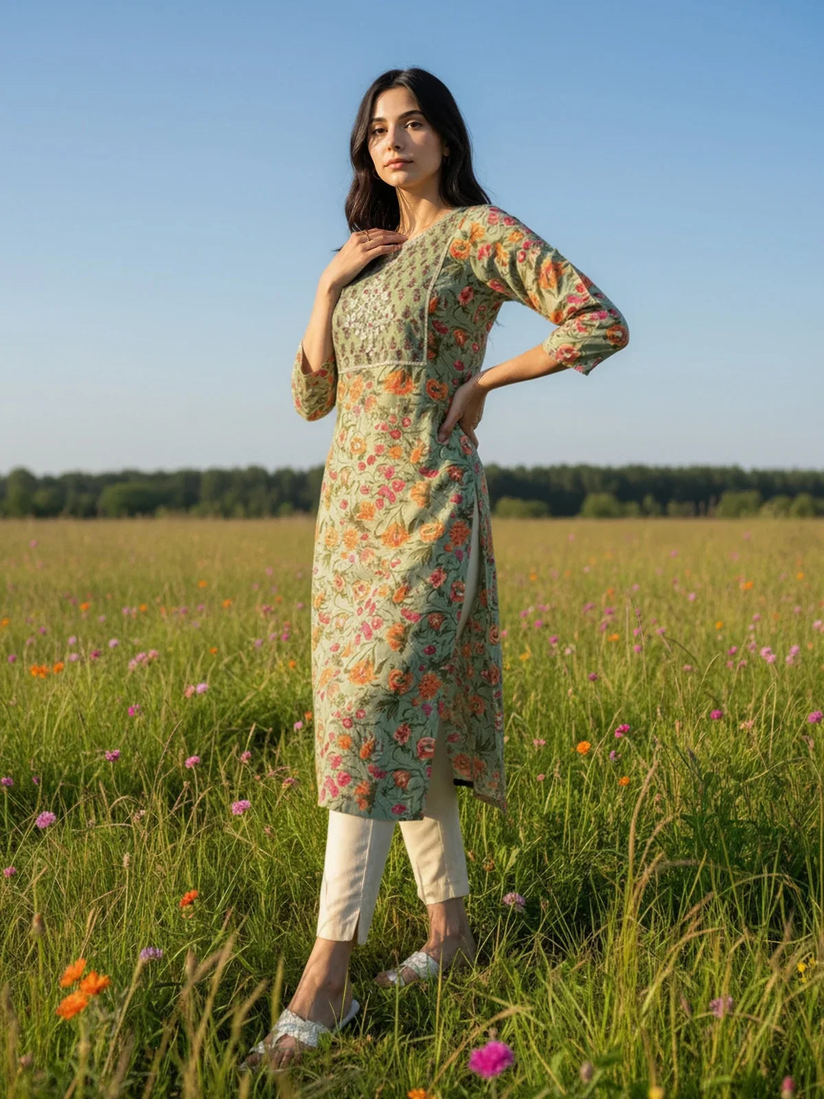 Buy Cotton Embroidered Straight Calf Length Kurta-Green
