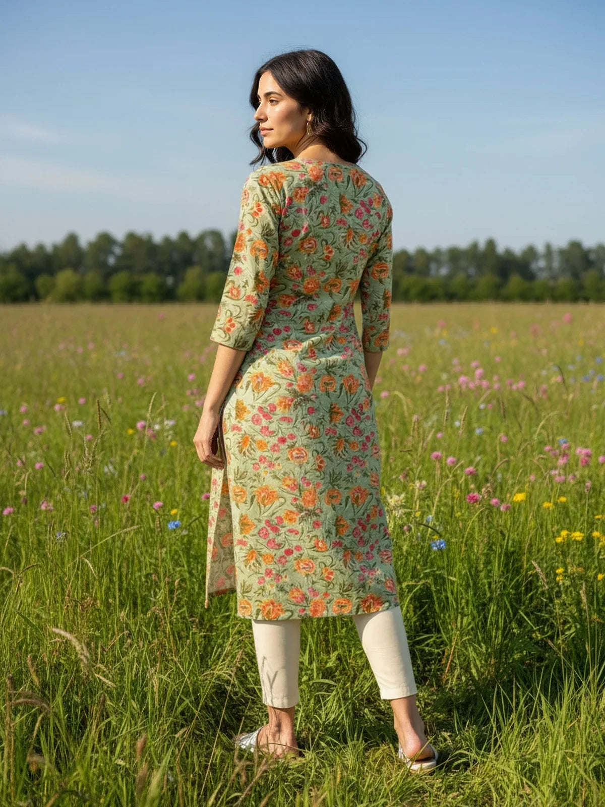 Buy Cotton Embroidered Straight Calf Length Kurta-Green