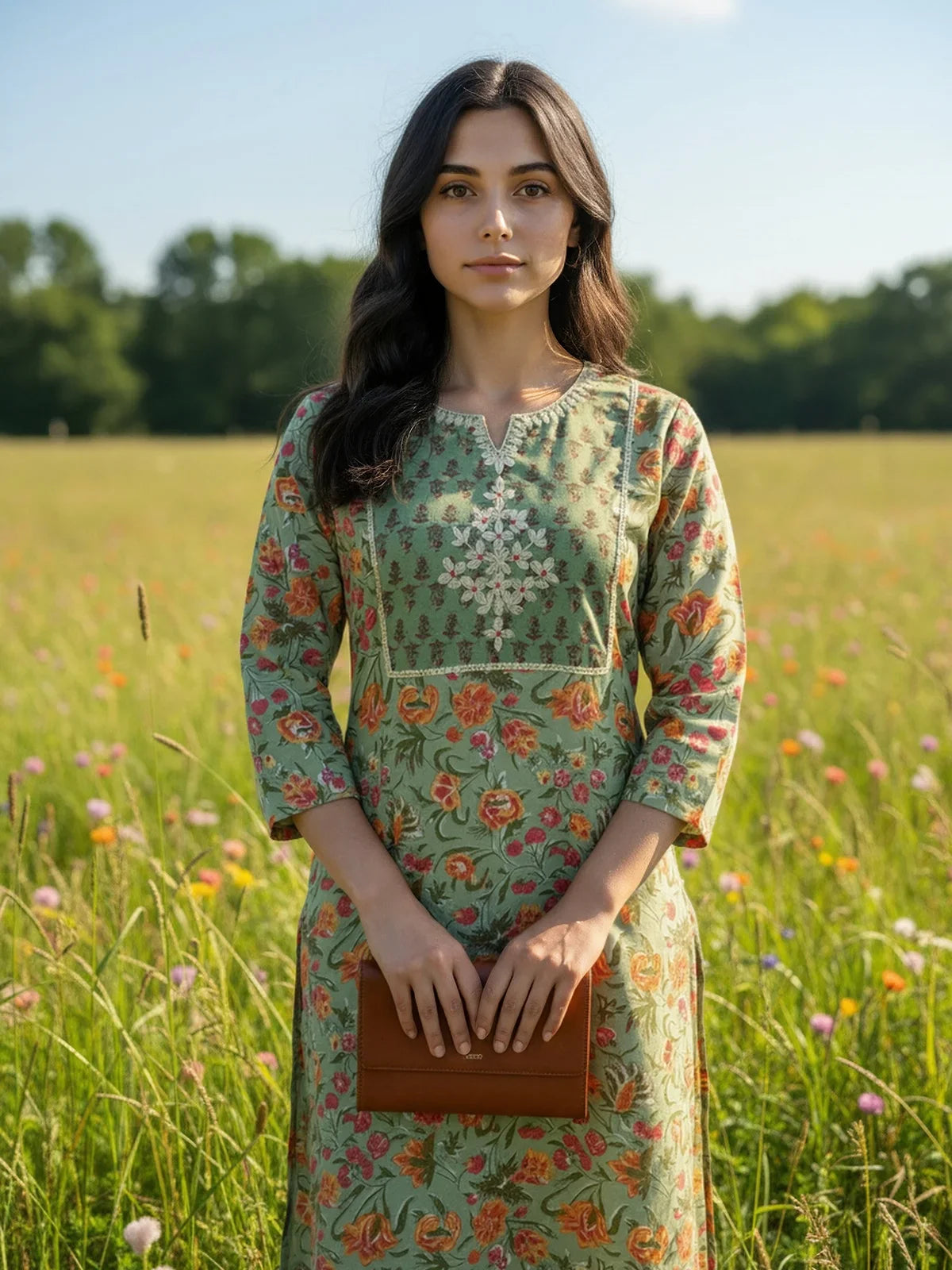 Buy Cotton Embroidered Straight Calf Length Kurta-Green