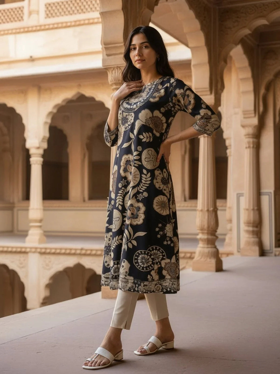 Buy Rayon Embroidered Anarkali Calf Length Kurta-Navy Blue