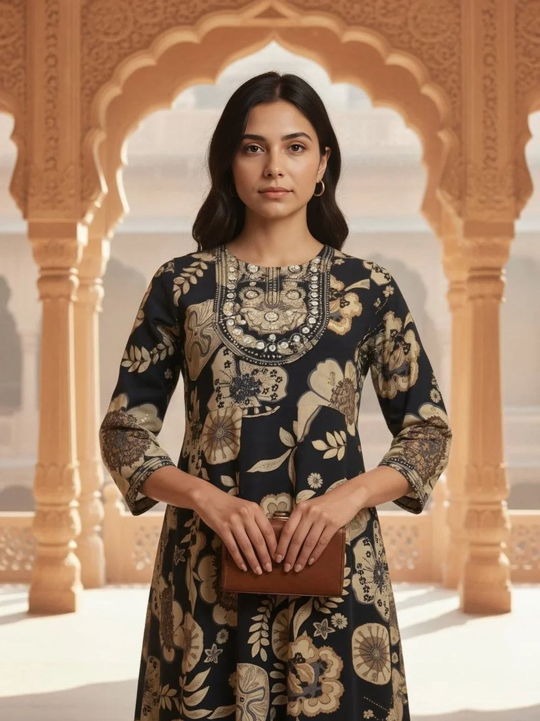 Buy Rayon Embroidered Anarkali Calf Length Kurta-Navy Blue