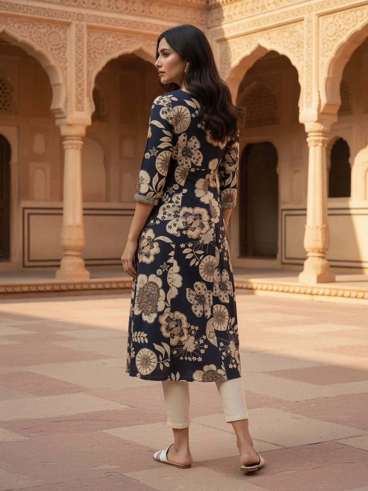 Buy Rayon Embroidered Anarkali Calf Length Kurta-Navy Blue