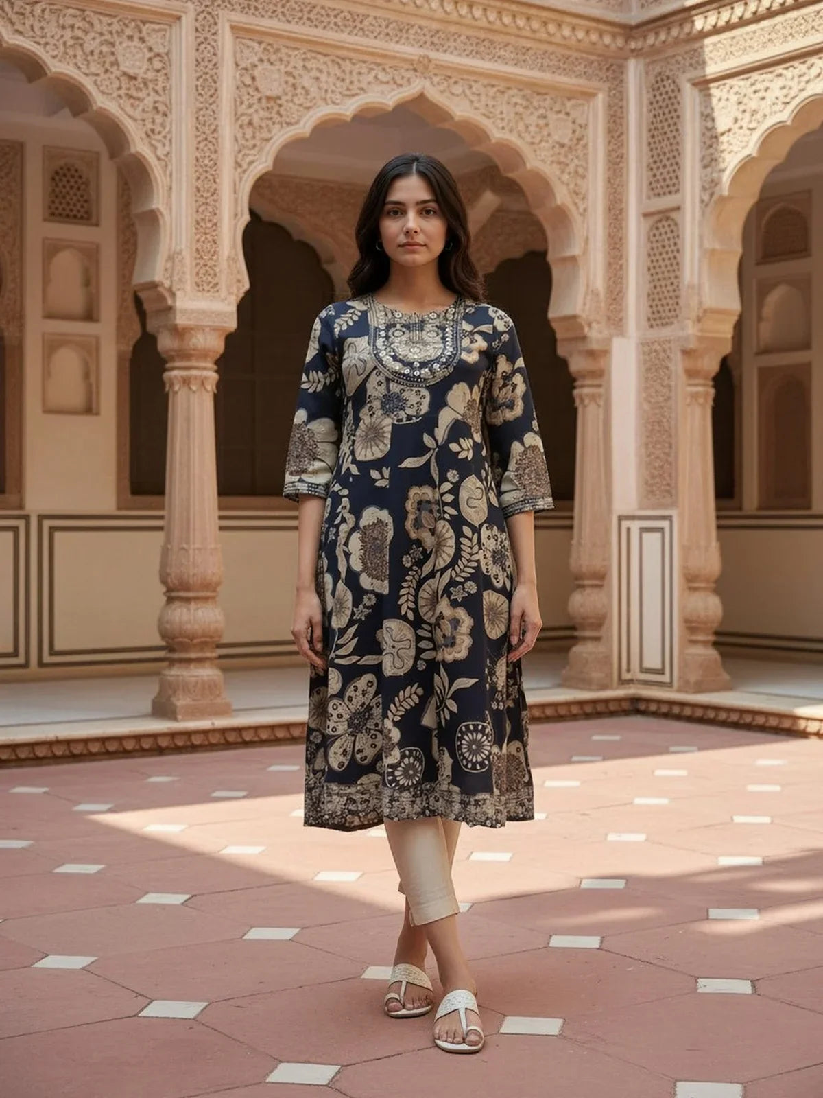 Buy Rayon Embroidered Anarkali Calf Length Kurta-Navy Blue