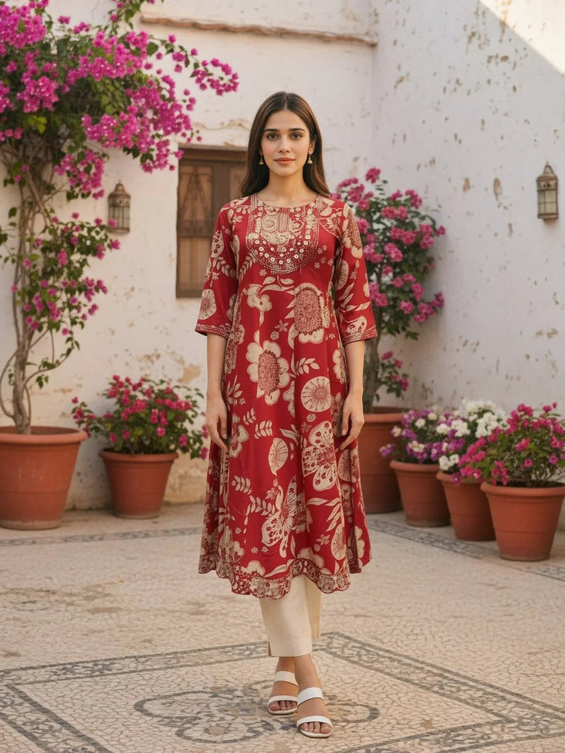 Buy Rayon Embroidered Anarkali Calf Length Kurta-Pink