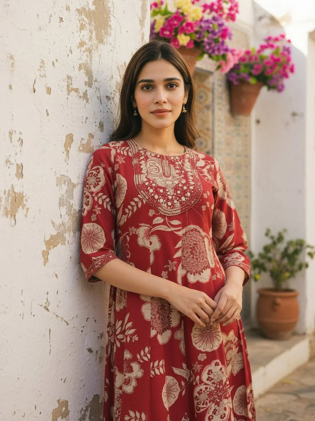 Buy Rayon Embroidered Anarkali Calf Length Kurta-Pink