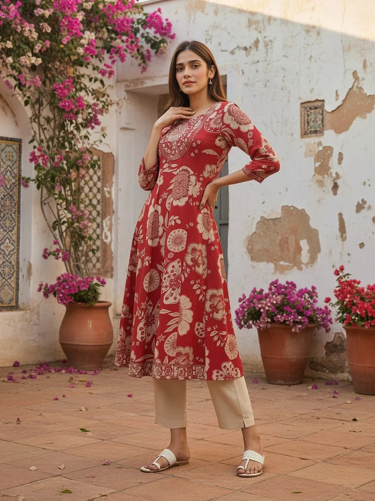 Buy Rayon Embroidered Anarkali Calf Length Kurta-Pink