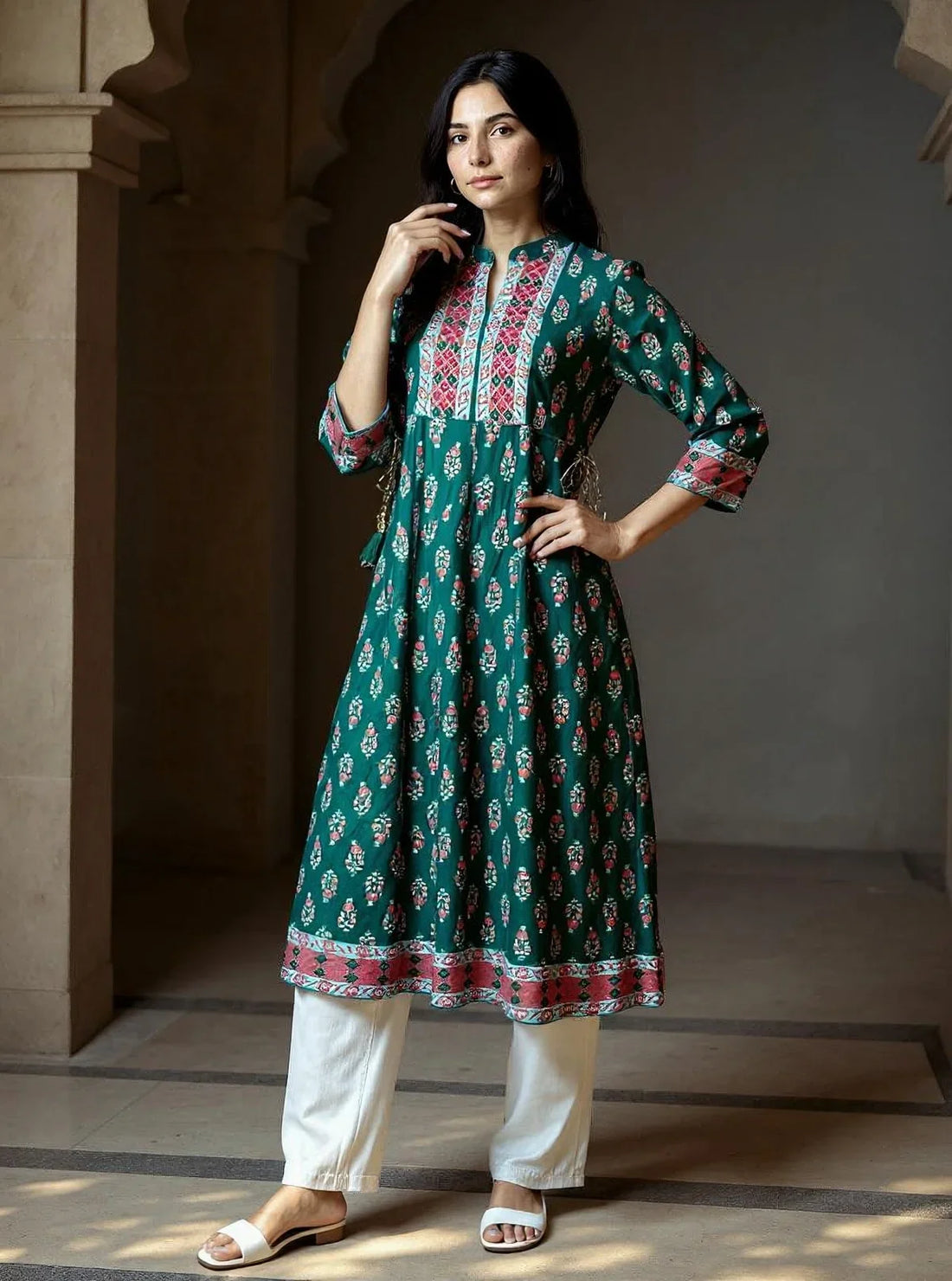 Buy Rayon Embroidered Anarkali Calf Length Kurta-Green
