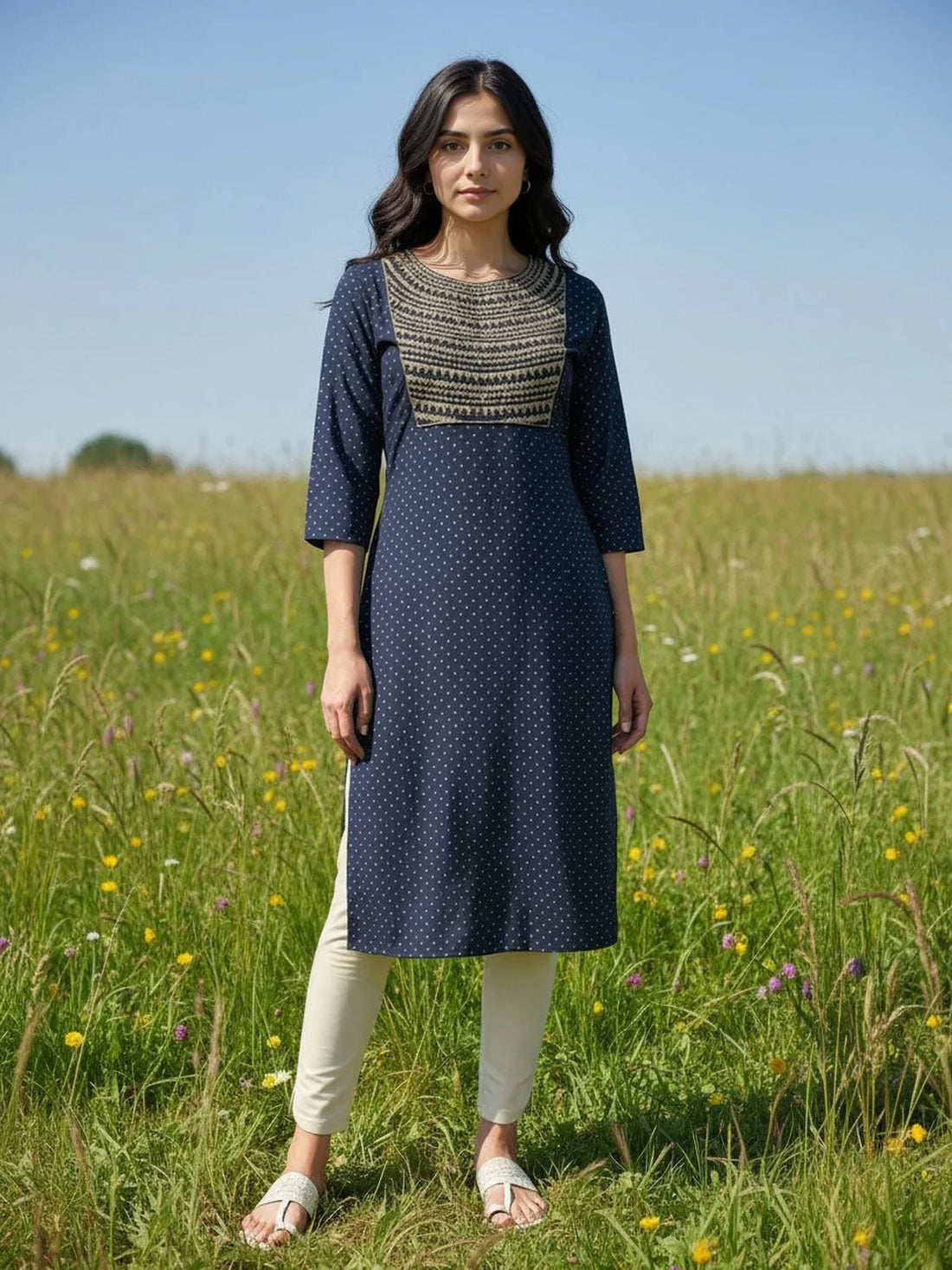 Buy Rayon Embroidered Straight Calf Length Kurta-Navy Blue