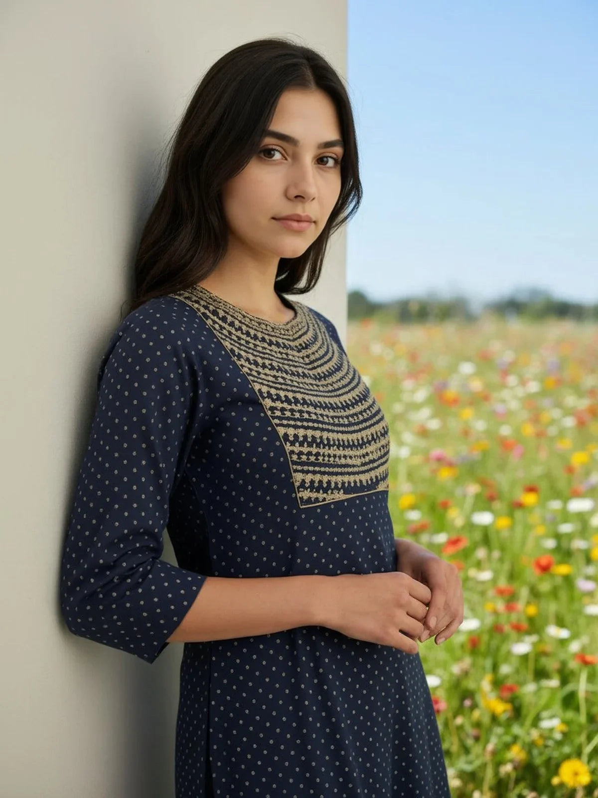Buy Rayon Embroidered Straight Calf Length Kurta-Navy Blue