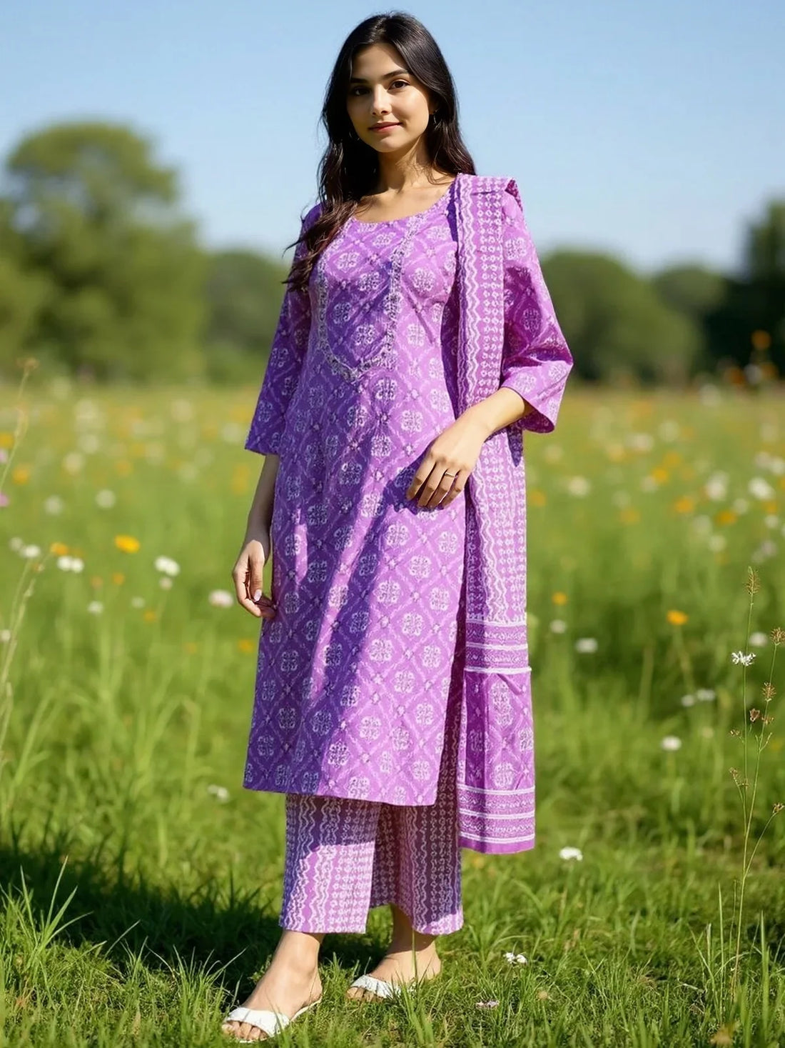 Buy Cotton Printed Straight Calf Length Salwar Suit-Purple