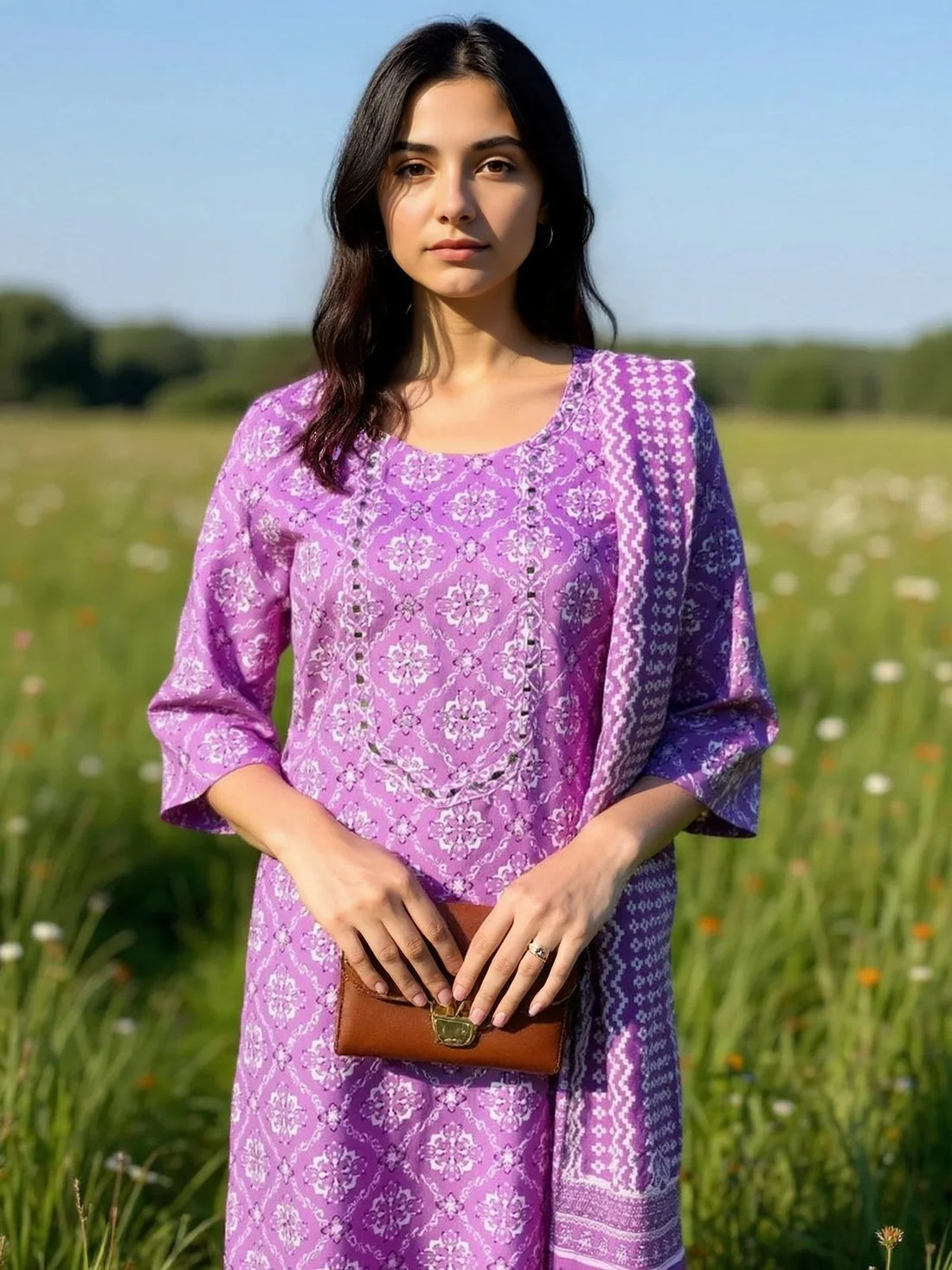 Buy Cotton Printed Straight Calf Length Salwar Suit-Purple