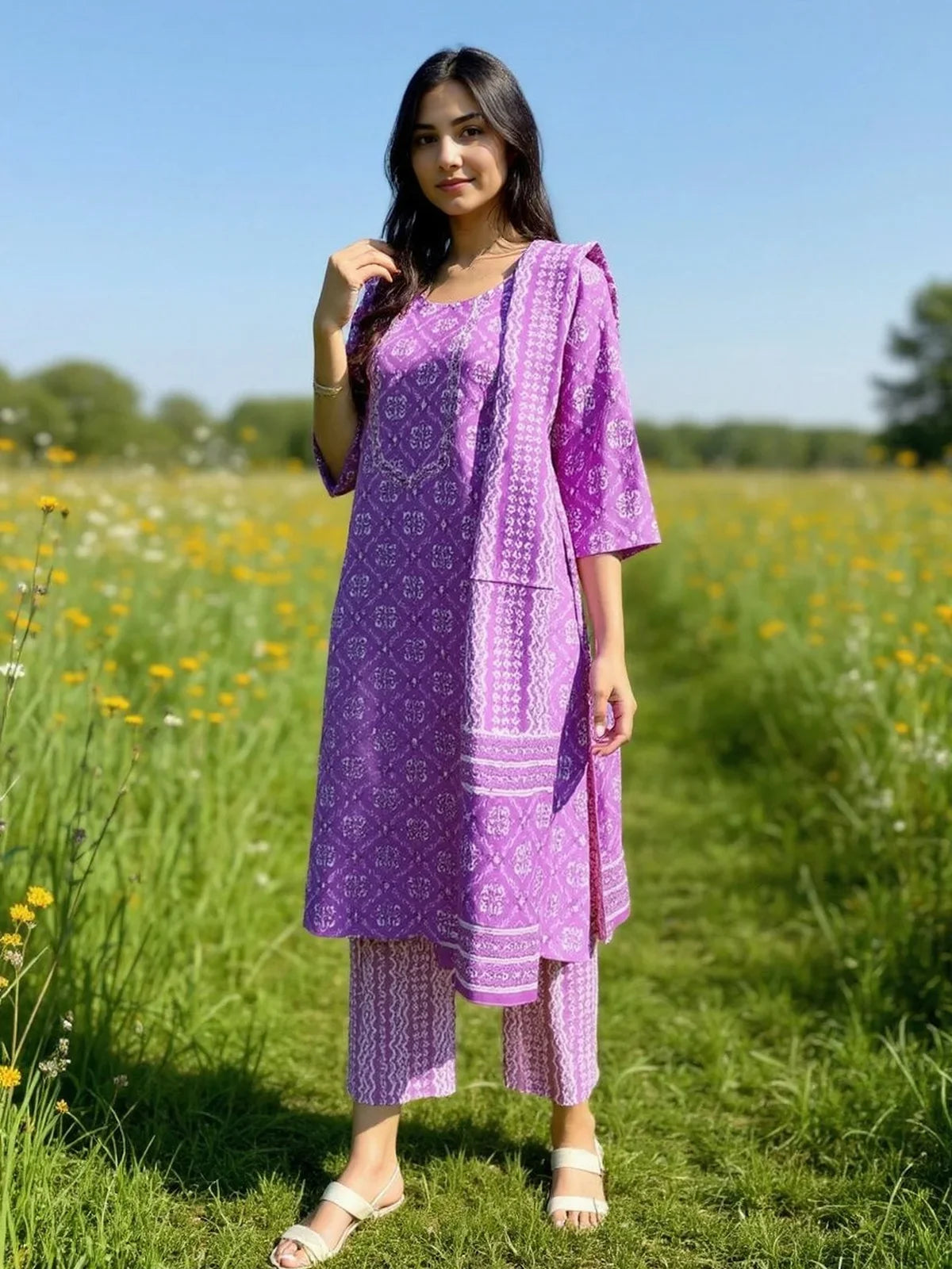 Buy Cotton Printed Straight Calf Length Salwar Suit-Purple