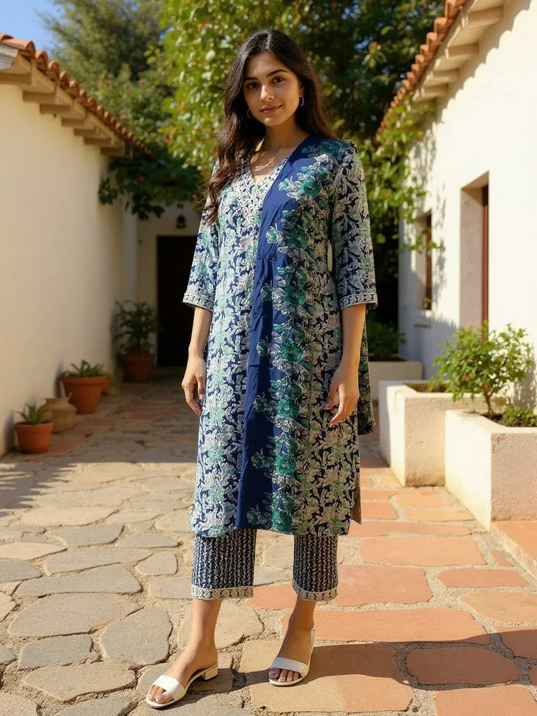 Buy Rayon Embroidered Straight Calf Length Salwar Suit-Blue