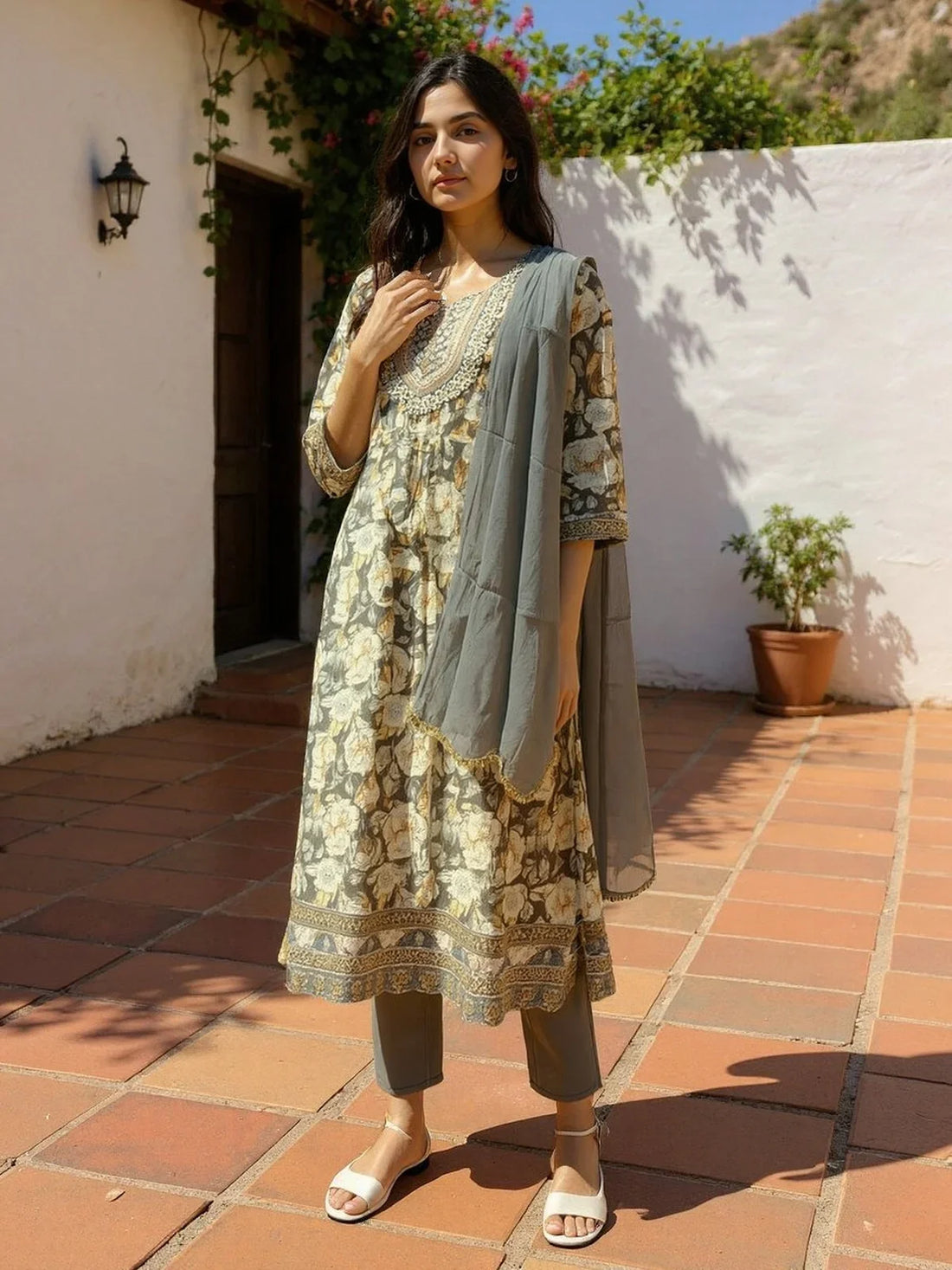 Buy Rayon Embroidered Anarkali Calf Length Salwar Suit-Grey