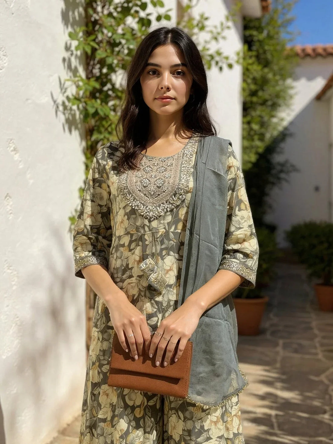 Buy Rayon Embroidered Anarkali Calf Length Salwar Suit-Grey