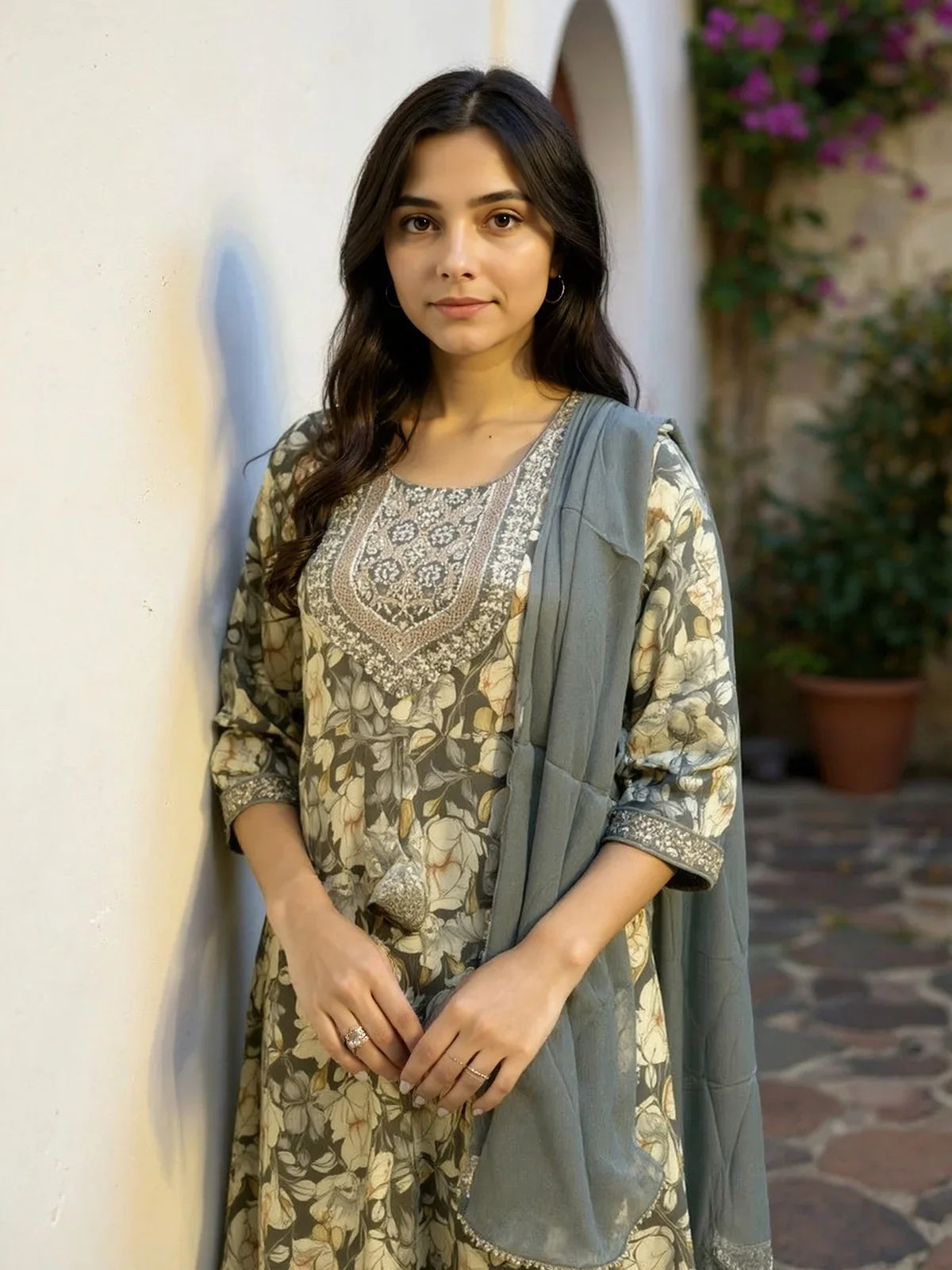 Buy Rayon Embroidered Anarkali Calf Length Salwar Suit-Grey