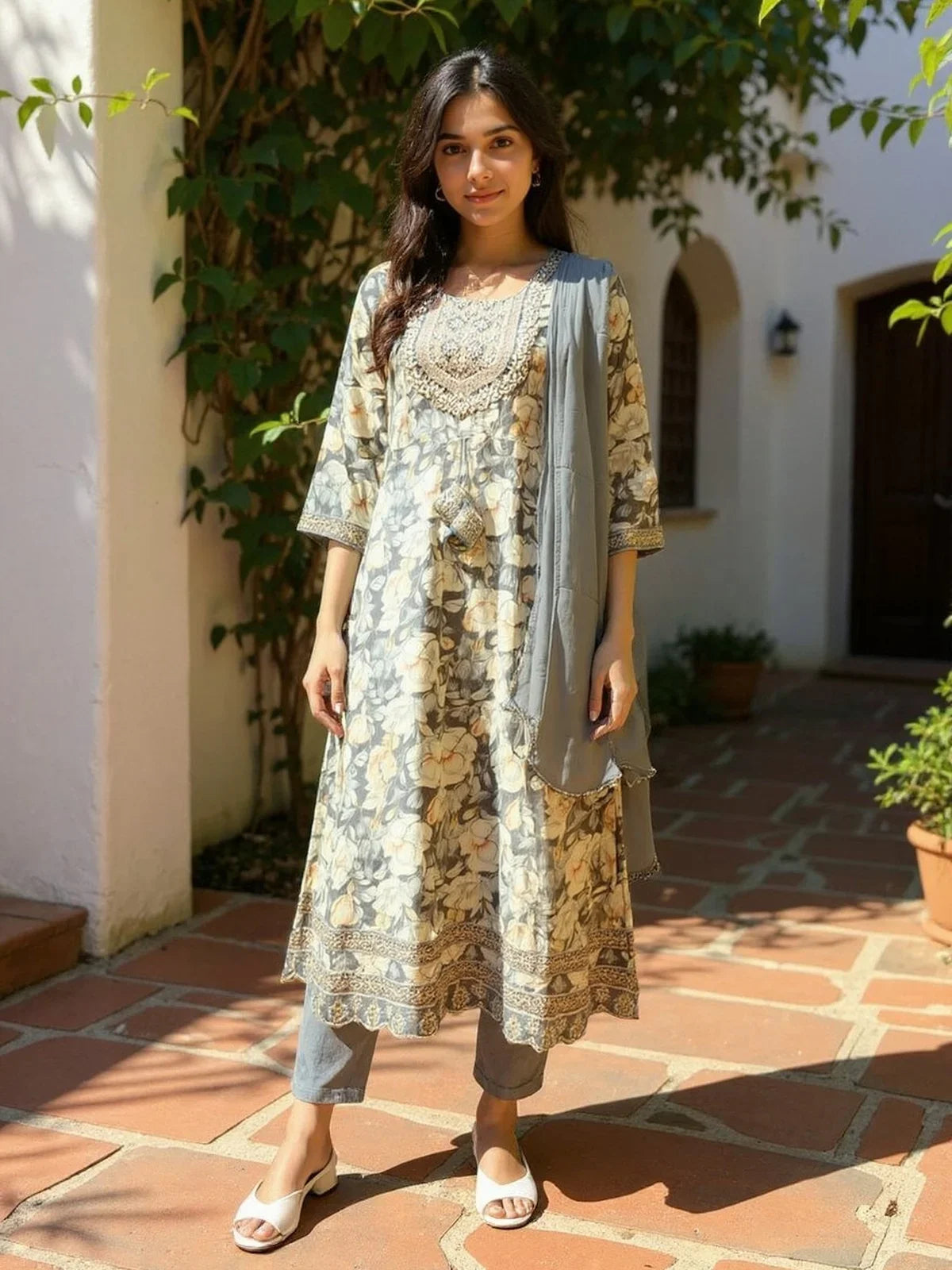 Buy Rayon Embroidered Anarkali Calf Length Salwar Suit-Grey
