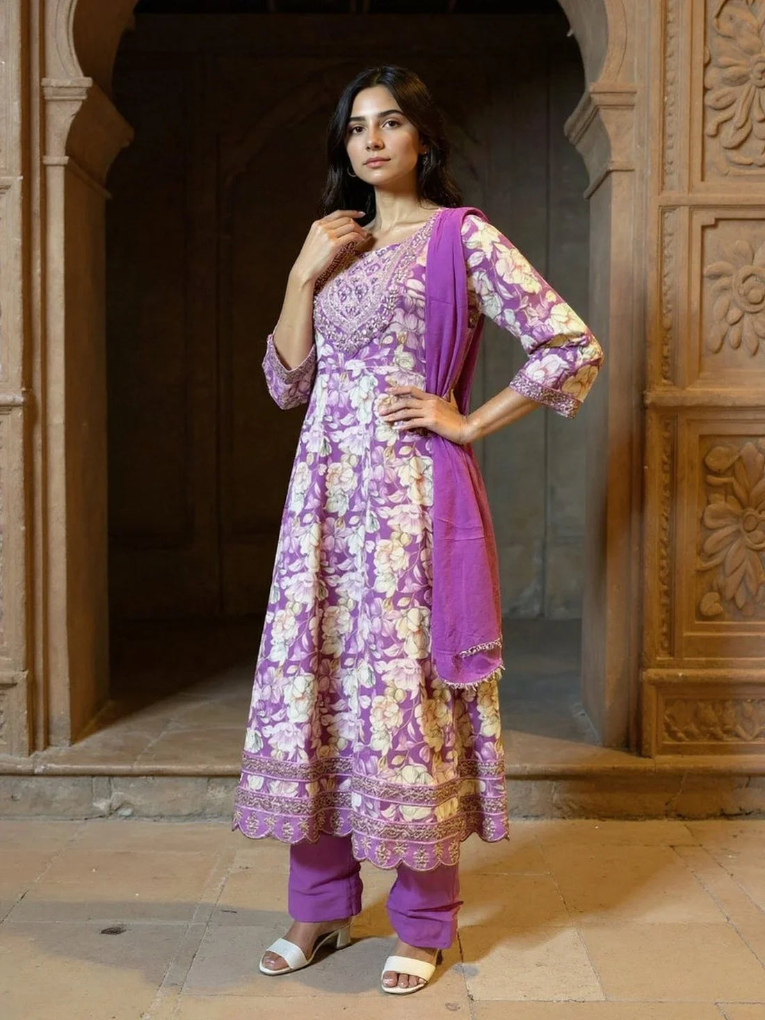 Buy Rayon Printed Straight Calf Length Salwar Suit-Purple
