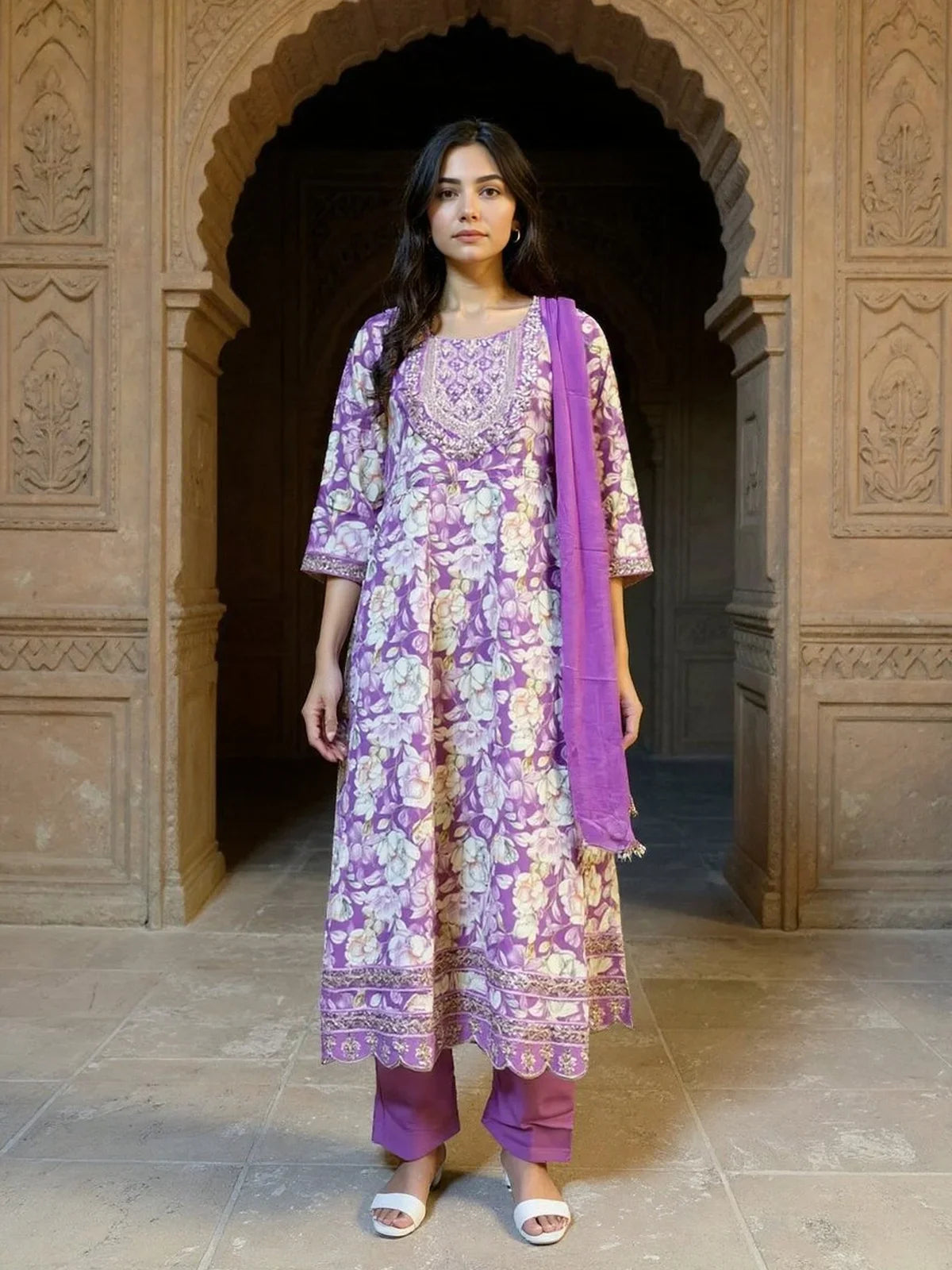 Buy Rayon Printed Straight Calf Length Salwar Suit-Purple