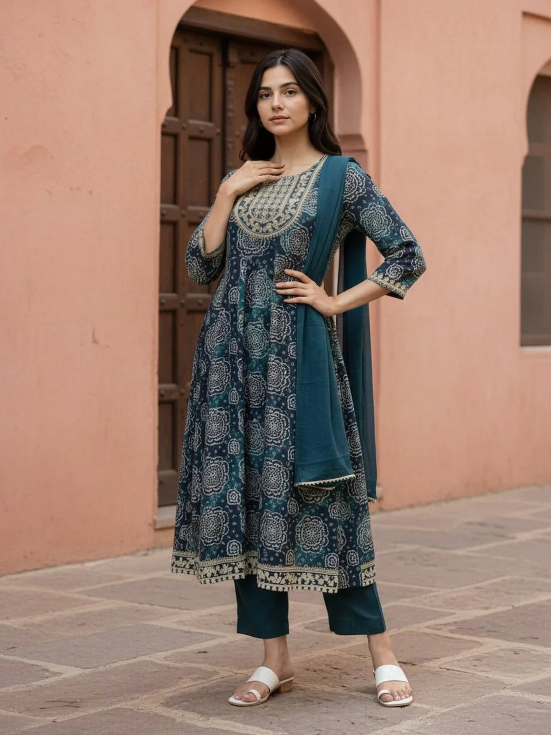 Buy Rayon Embroidered Anarkali Calf Length Salwar Suit-Blue