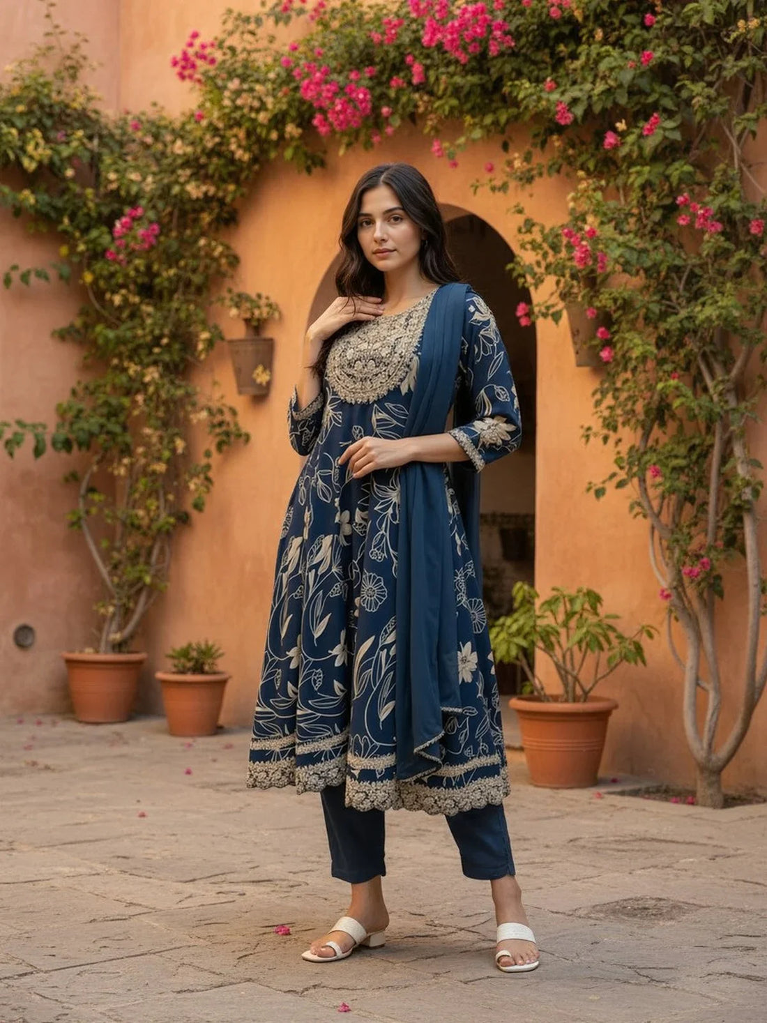 Buy Rayon Embroidered Anarkali Calf Length Salwar Suit-Navy Blue