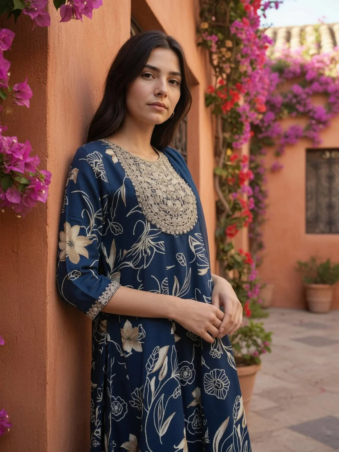Buy Rayon Embroidered Anarkali Calf Length Salwar Suit-Navy Blue