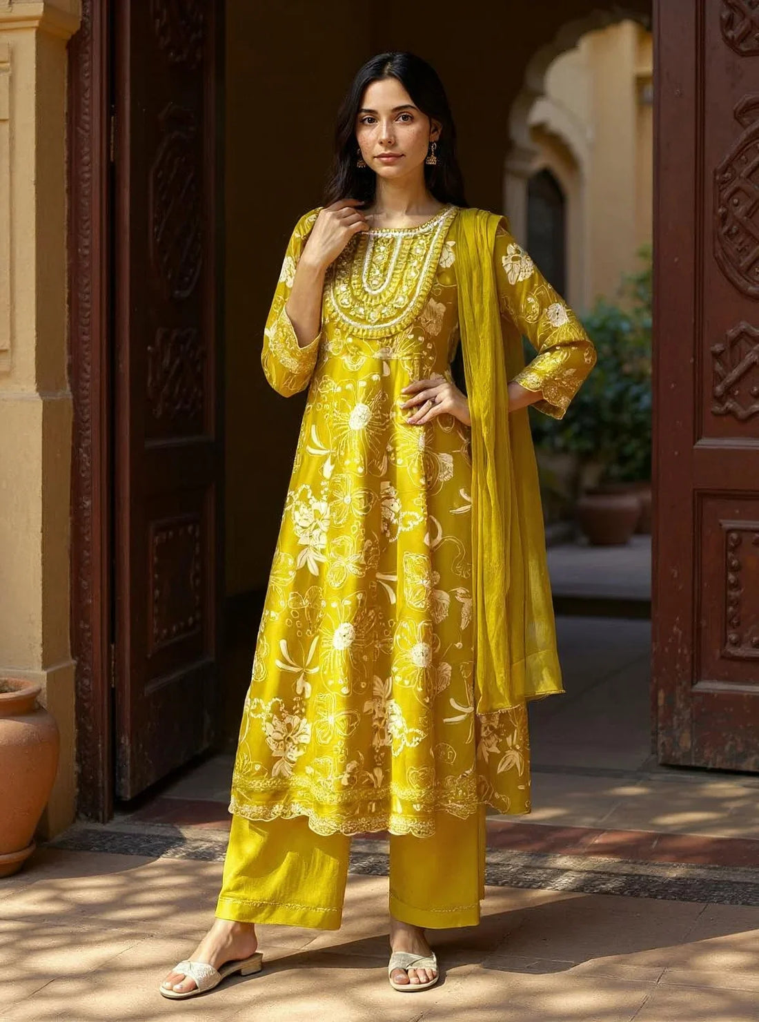 Buy Rayon Embroidered Anarkali Calf Length Kurta with Pant and Dupatta-Mustard