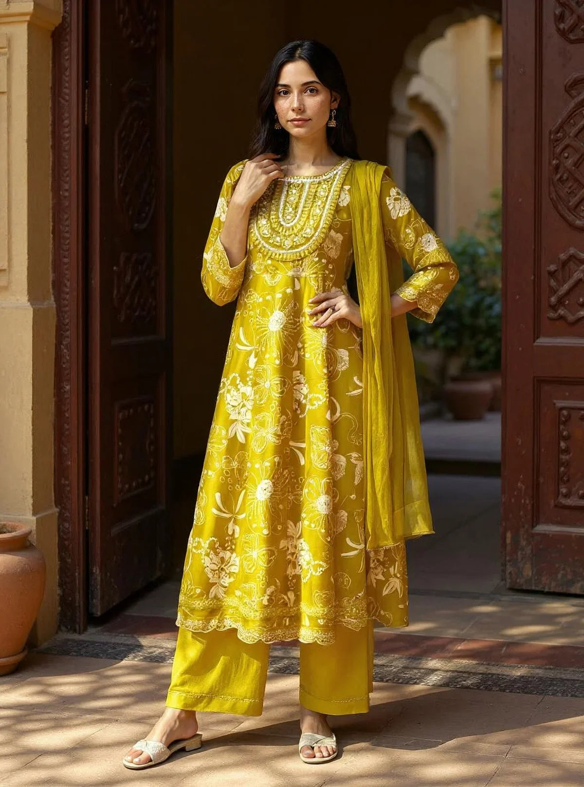 Buy Rayon Embroidered Anarkali Calf Length Kurta with Pant and Dupatta-Mustard