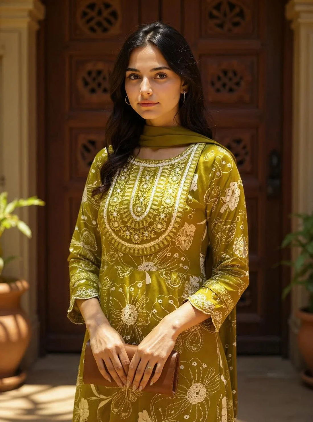 Buy Rayon Embroidered Anarkali Calf Length Kurta with Pant and Dupatta-Mustard