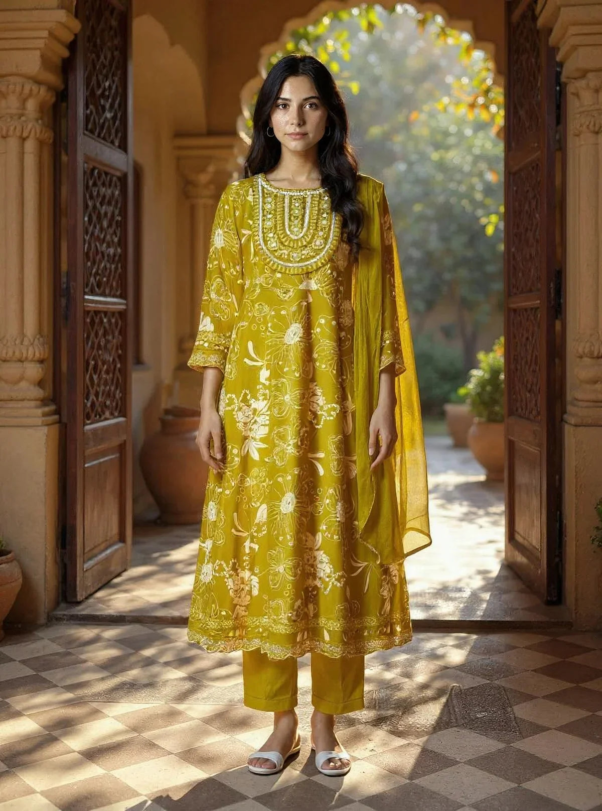 Buy Rayon Embroidered Anarkali Calf Length Kurta with Pant and Dupatta-Mustard