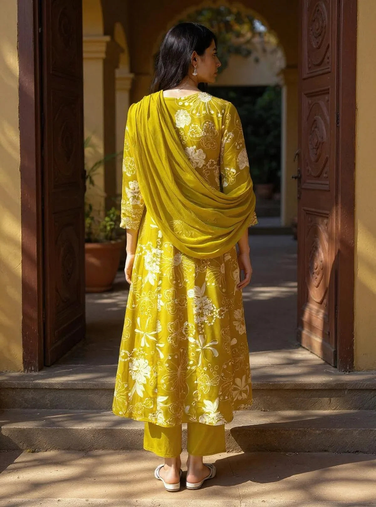 Buy Rayon Embroidered Anarkali Calf Length Kurta with Pant and Dupatta-Mustard