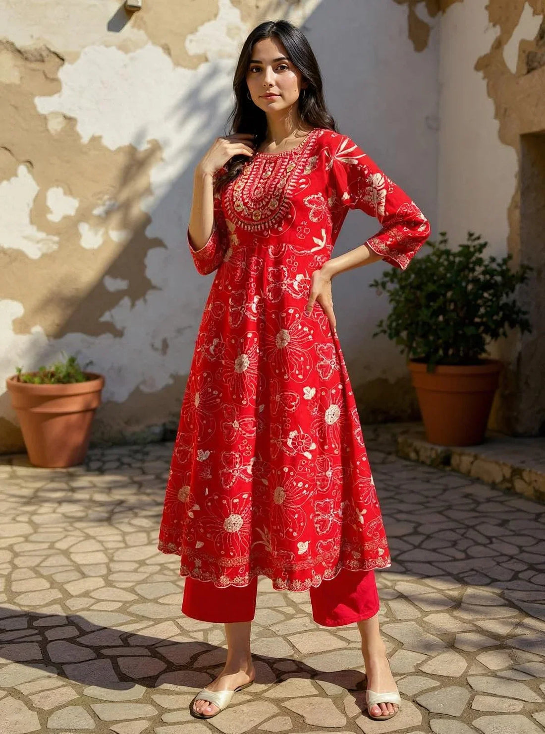 Buy Rayon EmbroideAnarkali Calf Length Kurta with Pant and Dupatta-Red