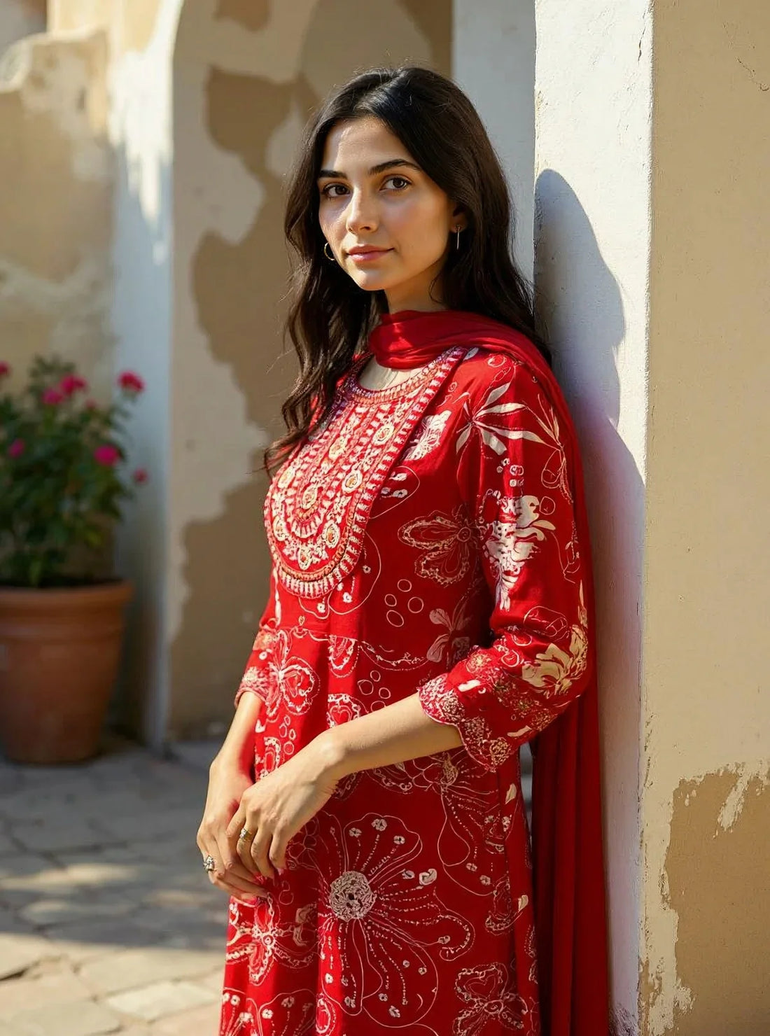 Buy Rayon EmbroideAnarkali Calf Length Kurta with Pant and Dupatta-Red