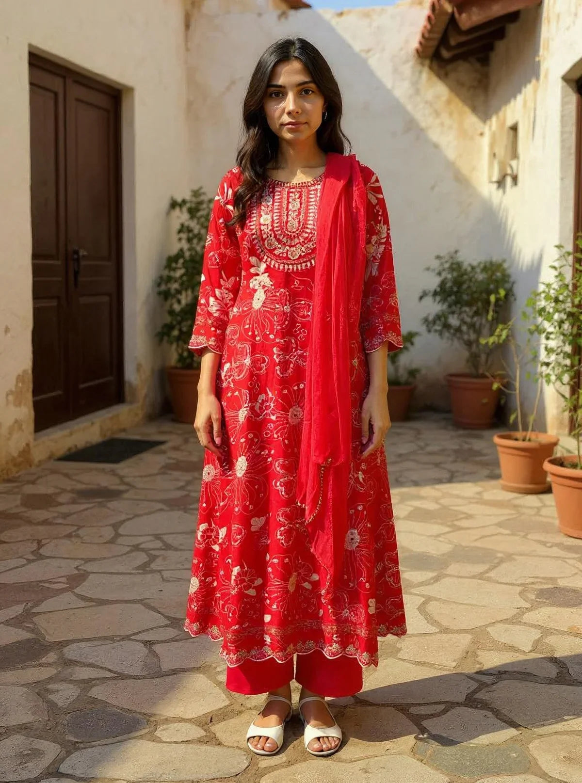 Buy Rayon EmbroideAnarkali Calf Length Kurta with Pant and Dupatta-Red