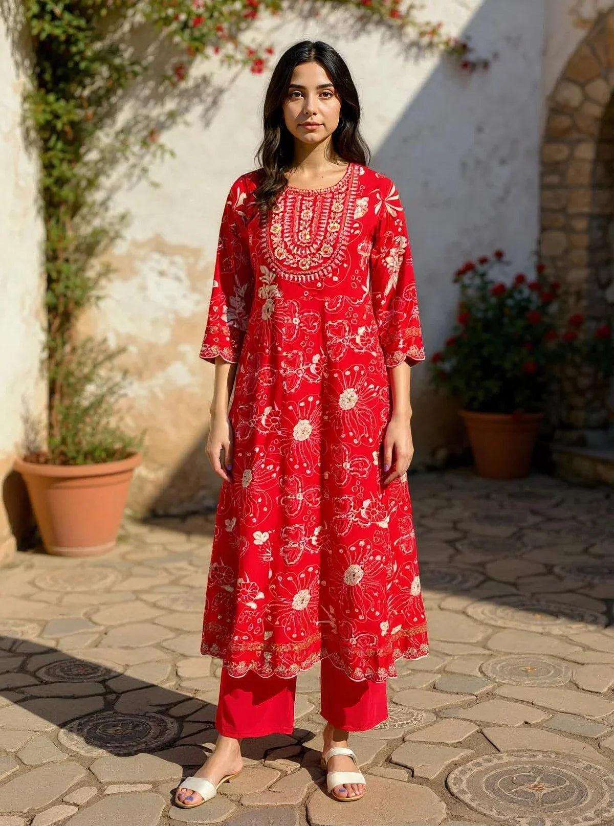 Buy Rayon EmbroideAnarkali Calf Length Kurta with Pant and Dupatta-Red