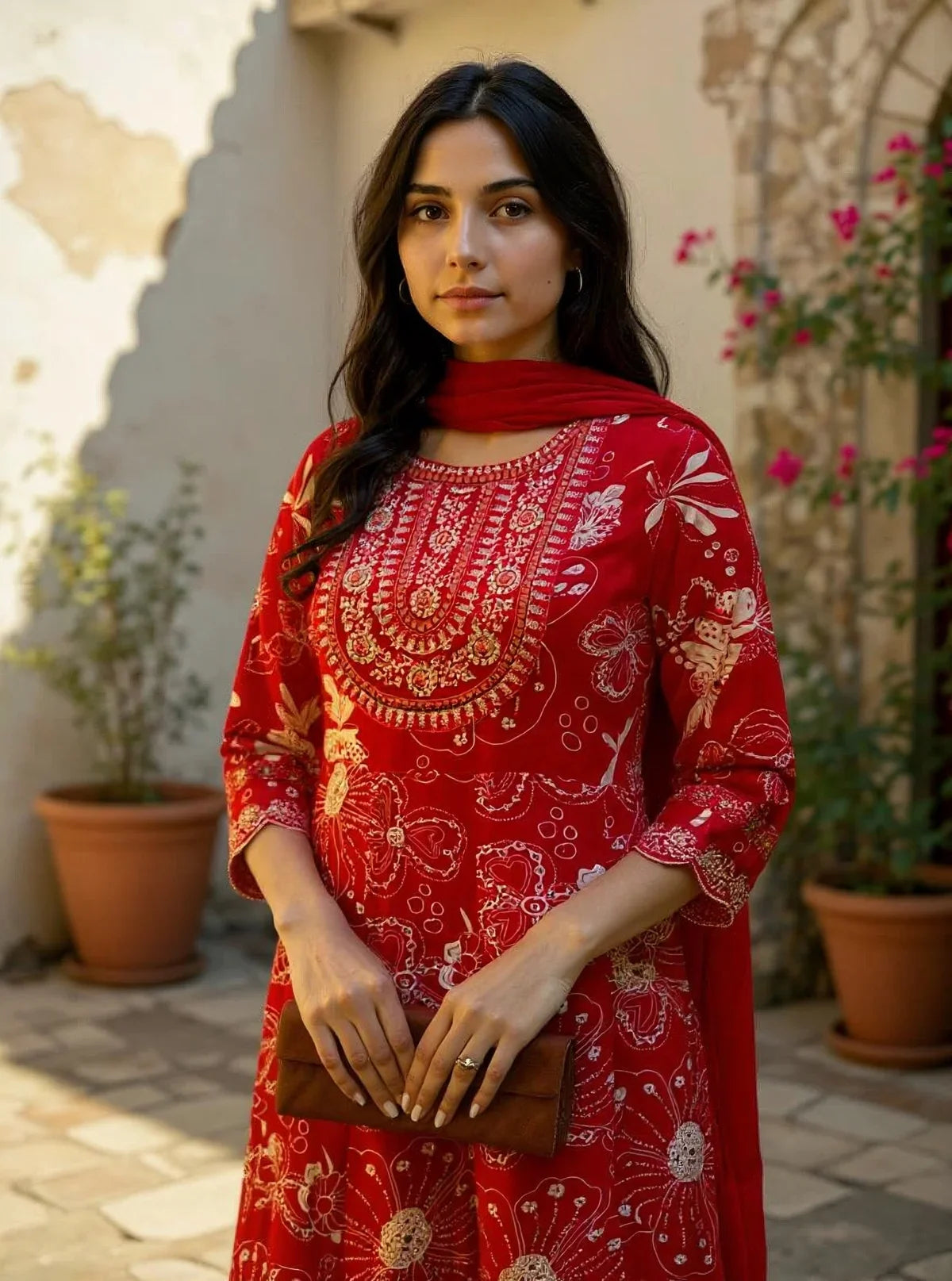 Buy Rayon EmbroideAnarkali Calf Length Kurta with Pant and Dupatta-Red