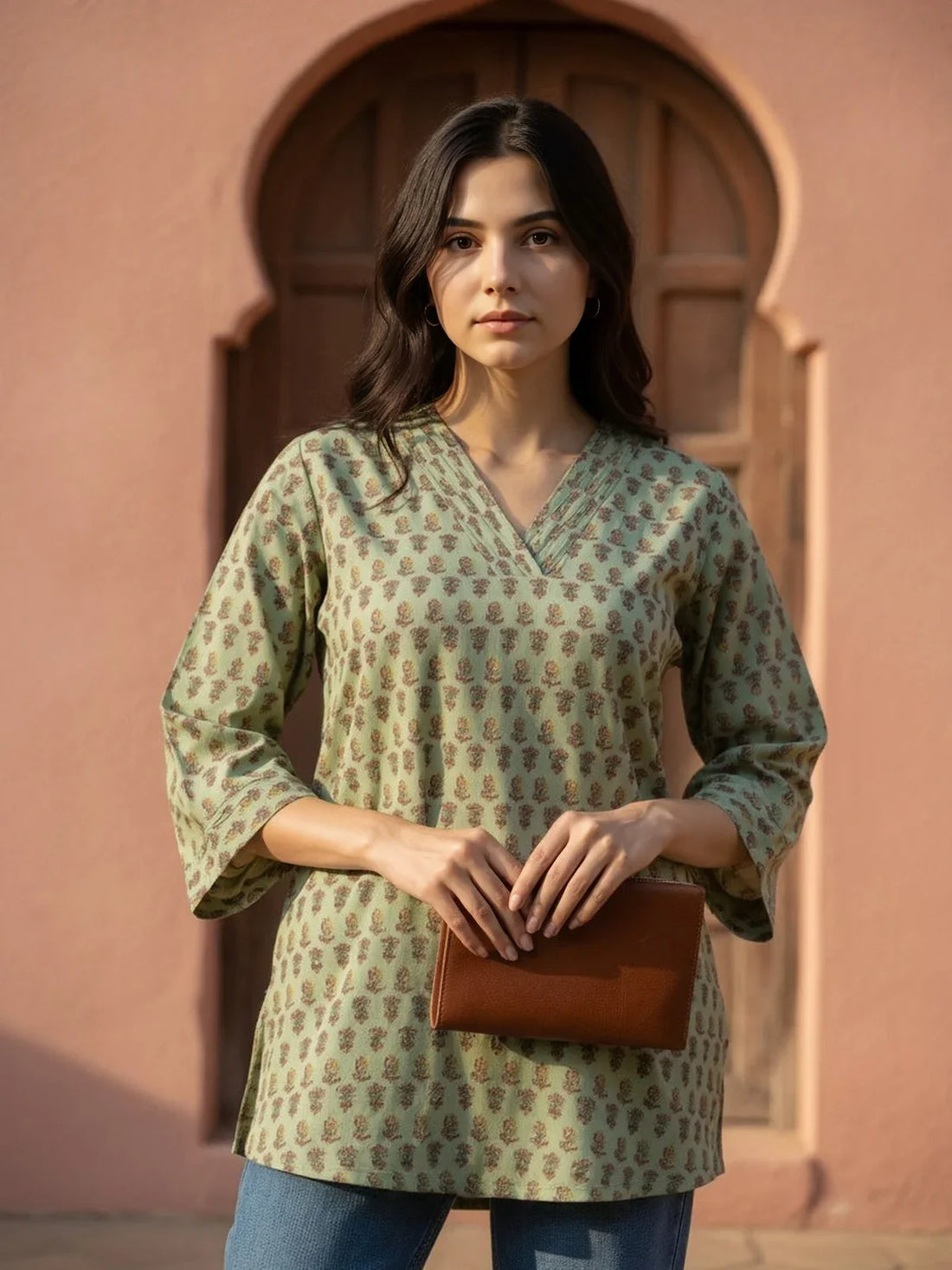 Buy Cotton Printed Straight Short Length Short Kurti-Green