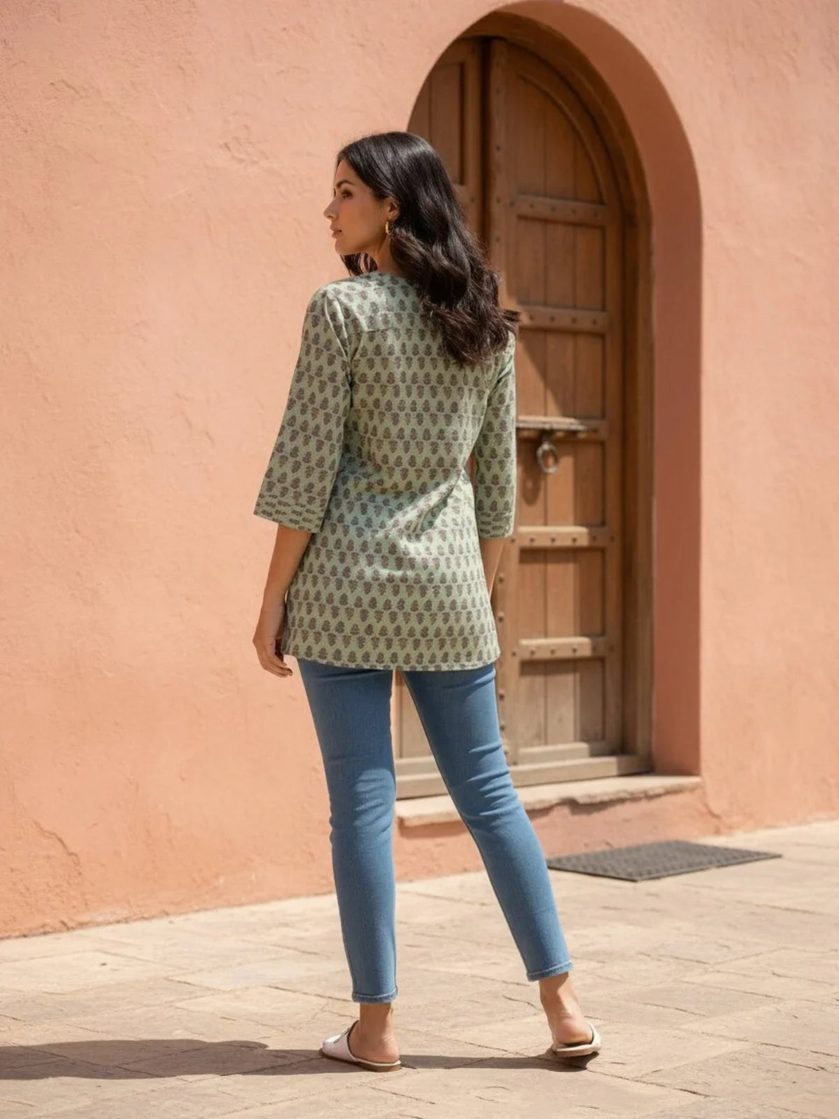 Buy Cotton Printed Straight Short Length Short Kurti-Green