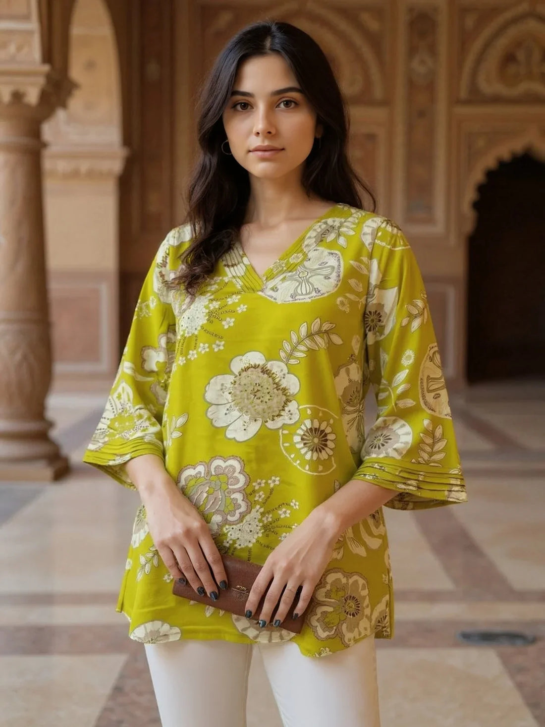 Buy Rayon Printed Straight Short Length Short Kurti-Yellow