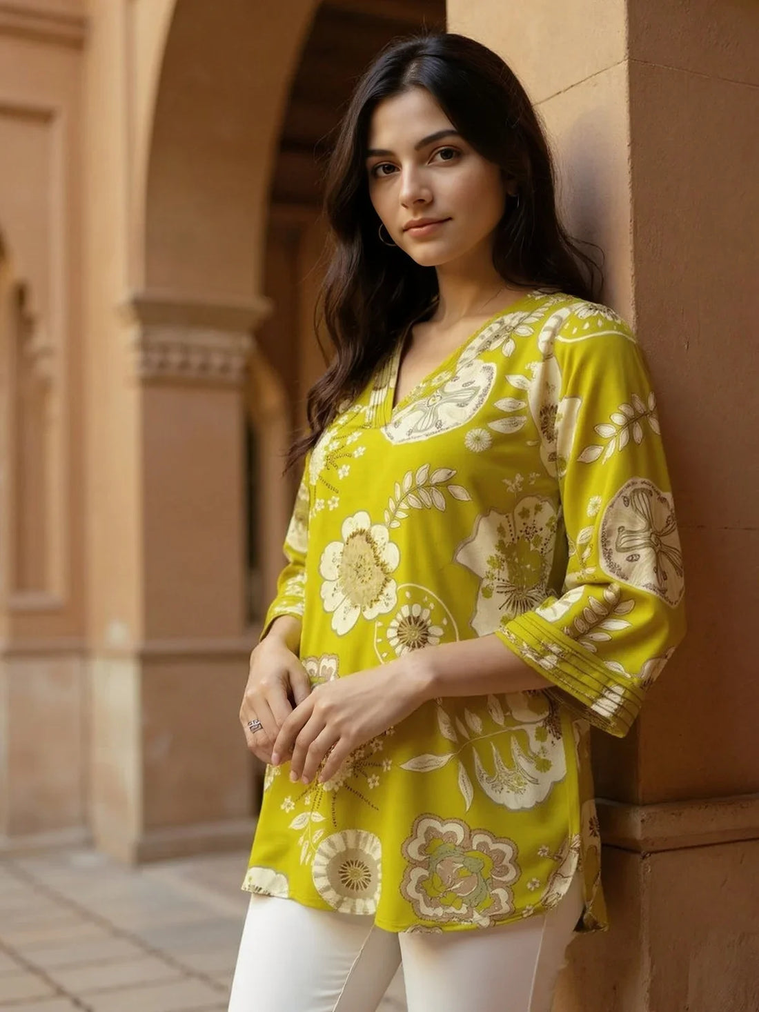 Buy Rayon Printed Straight Short Length Short Kurti-Yellow