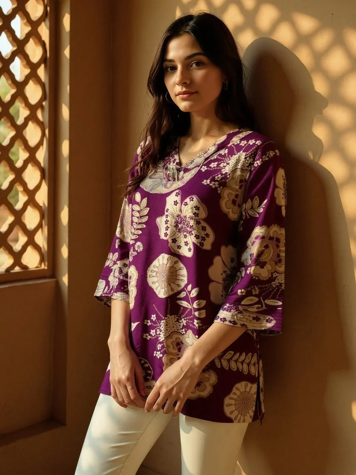 Buy Rayon Printed Straight Short Length Short Kurti-Purple