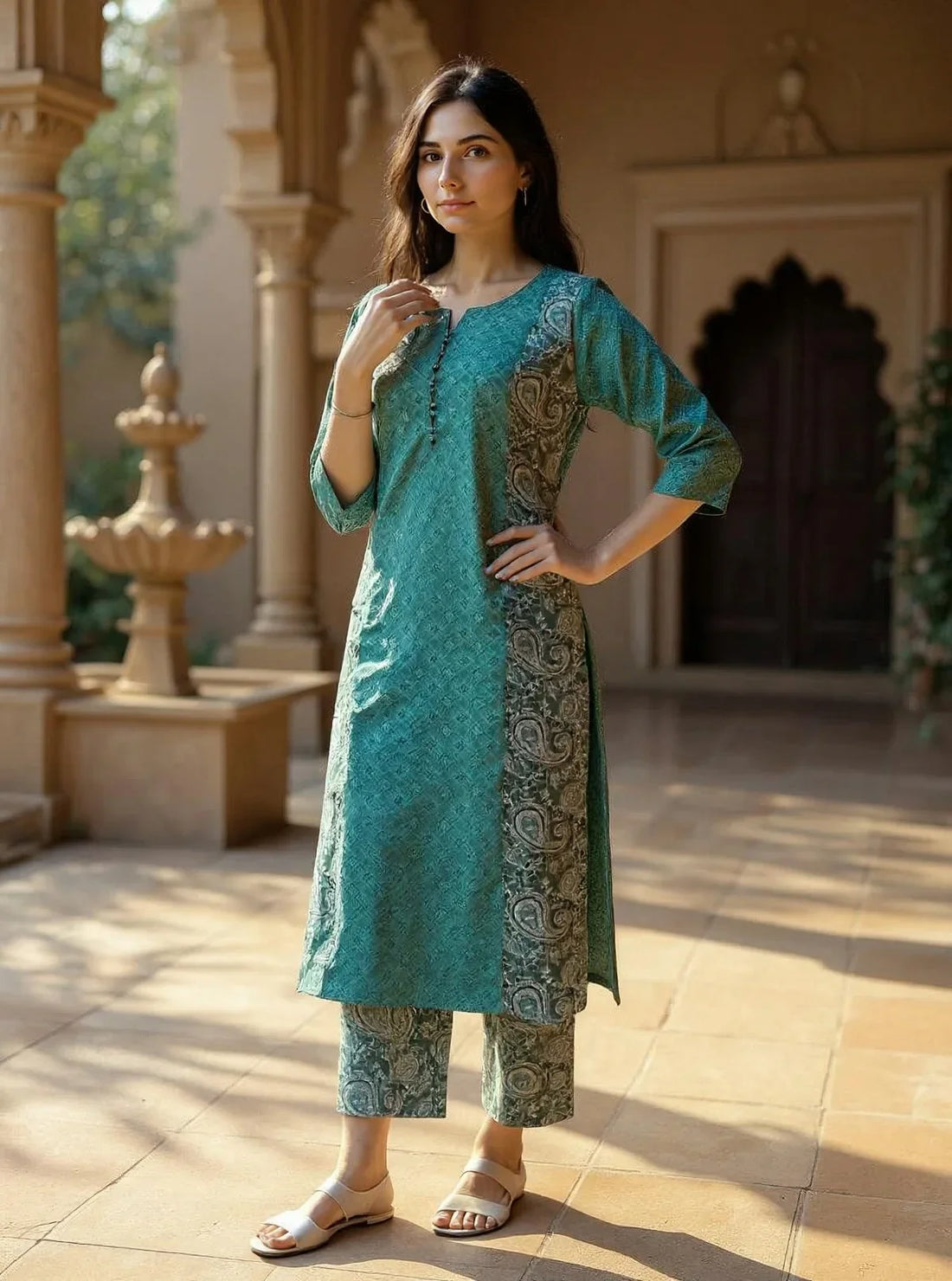 Buy Cotton Printed Straight Calf Length Kurta with Pant-Green