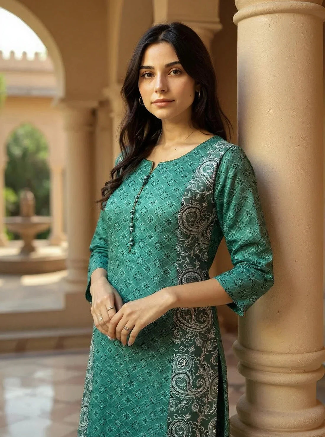 Buy Cotton Printed Straight Calf Length Kurta with Pant-Green