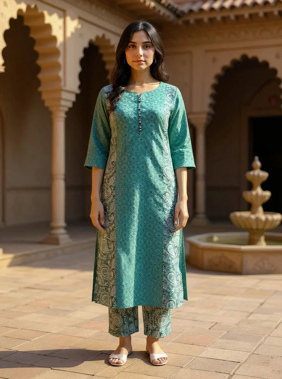 Buy Cotton Printed Straight Calf Length Kurta with Pant-Green