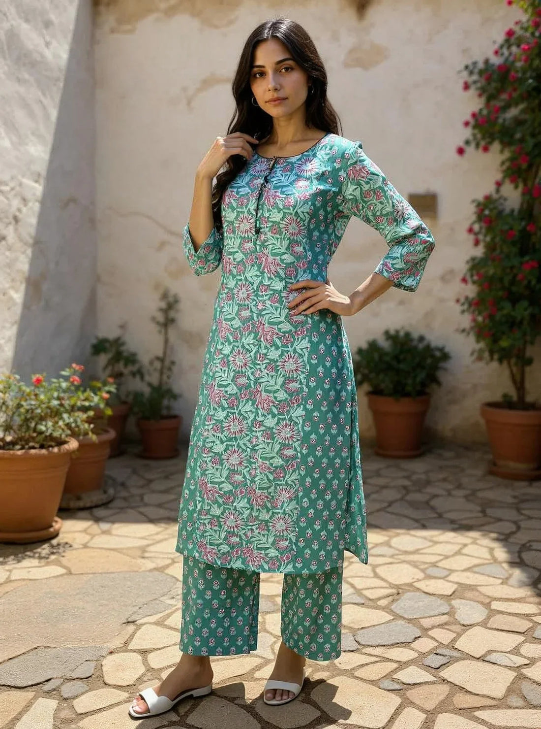 Buy Rayon Printed Straight Calf Length Kurta with Pant-Green