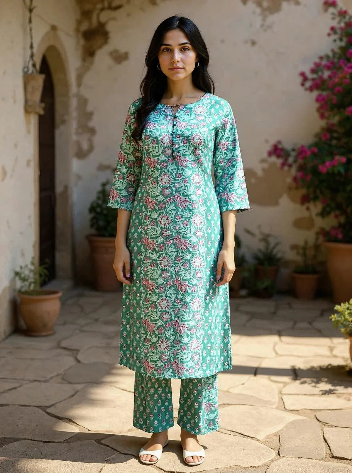 Buy Rayon Printed Straight Calf Length Kurta with Pant-Green