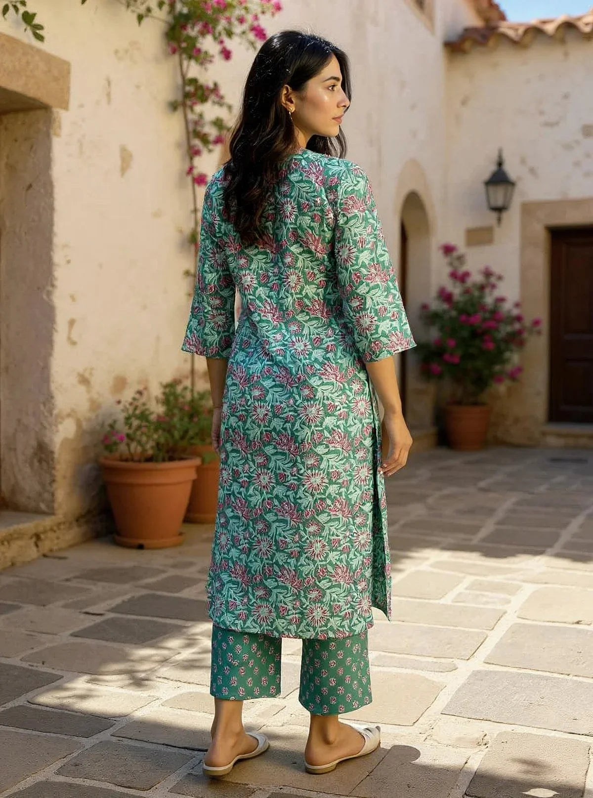 Buy Rayon Printed Straight Calf Length Kurta with Pant-Green